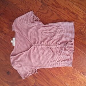 🎉Pink Rose Size small Ribbed Crop top w/ adjustable length, lettuce hem sleeve